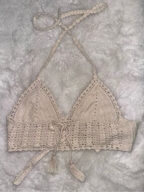 Kendall & Kylie Cream Crochet Halter Bralette